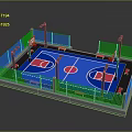 Basketball Court With Blue Floor Red Markings Fence Hoops And Lighting Poles