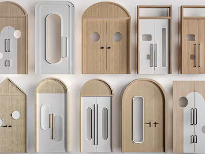 Various Door Designs With Different Shapes Wooden White Materials Handles And Circular Holes 3d model