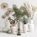 Minimalist White Ceramic Vases With Dried Flowers Round Base And Ribbed Texture Design