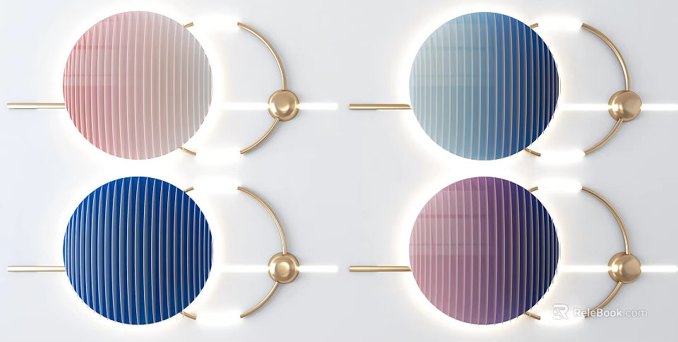 Modern Illuminated Striped Wall Decor With Pink Blue Navy Purple Circles And Golden Brackets 3d model 