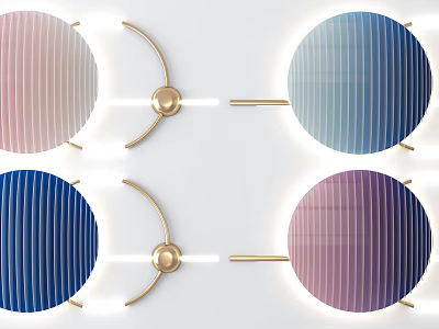 Modern Illuminated Striped Wall Decor With Pink Blue Navy Purple Circles And Golden Brackets 3d model