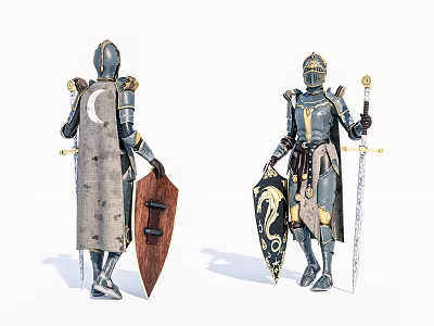 Two Game and Movie Characters in Ornate Armor With Patterned Shields Sword and Golden Details 3d model