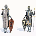 Two Game and Movie Characters in Ornate Armor With Patterned Shields Sword and Golden Details