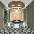 Elegant Private Dining Room With Round Marble Table Light Green Chairs And Golden Wall Decor