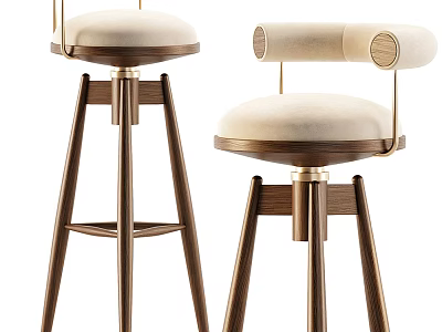 Elegant Modern Wooden Bar Stools With Upholstered Seats And Metal Accents 3d model