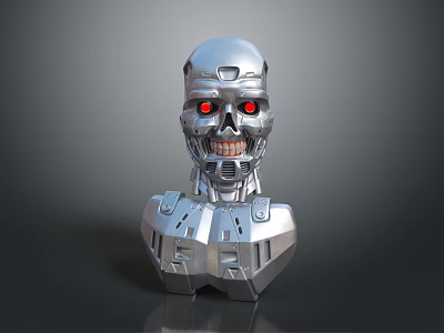 Game Movie Character Silver Metallic Robot With Red Glowing Eyes And Mechanical Head Torso 3d model