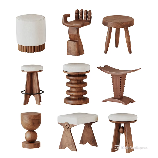 Assorted Stylish Wooden Stools Featuring Upholstered Seats And Diverse Designs 3d model 