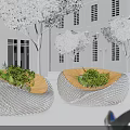 Modern Outdoor Landscape Seats With Metal Mesh Design Built In Plants And White Buildings