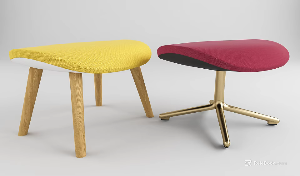 Yellow And Red Upholstered Stools With Wooden And Metal Legs Design 3d model 