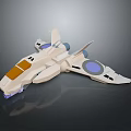 Futuristic Sci Fi Spaceship 3D Rendering with White Body Orange Panels and Blue Circular Components 3d model