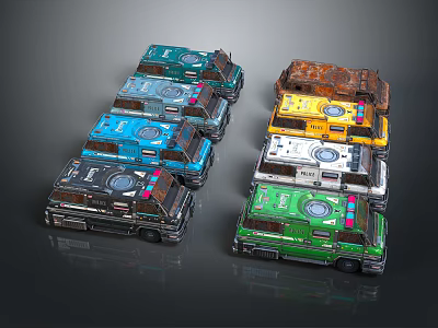 Vintage Modified Colorful Cars in Green Blue Yellow Brown Hues Arranged in a Row 3d model