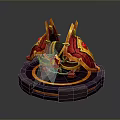 Ornate Mythical Weapon With Red And Gold Fiery Wing Decorations On Purple Orange Circular Platform