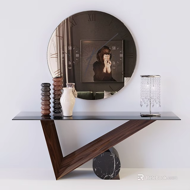 Modern Black Glass Top Dining Table With Wooden Legs White Vase And Crystal Ornament 3d model 