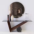 Modern Black Glass Top Dining Table With Wooden Legs White Vase And Crystal Ornament
