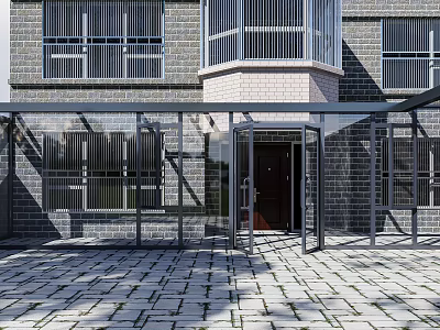 Garden Landscape Featuring Gray Brick Walls Grilled Windows Glass Porch And Paved Courtyard 3d model