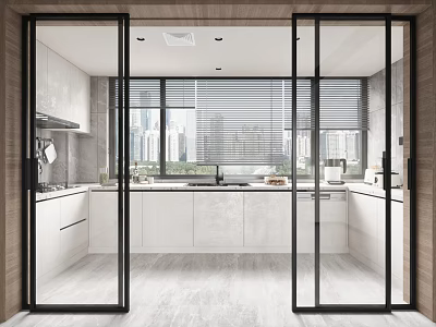 Modern Kitchen Interior With White Cabinets Glass Sliding Doors Large Windows And City View 3d model