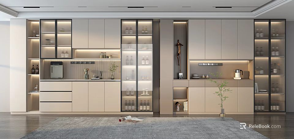 Modern Kitchen Interior With Glass Door Wine Cabinet And Built In LED Lighting 3d model 