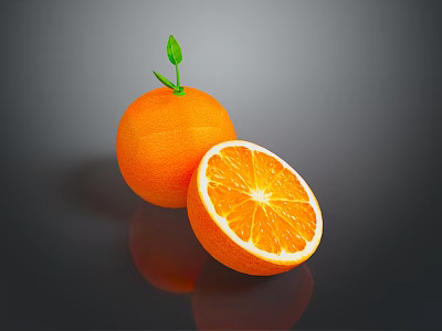 Fresh Whole Orange With Sliced Half And Green Leaf On Glossy Surface 3d model