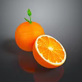 Fresh Whole Orange With Sliced Half And Green Leaf On Glossy Surface