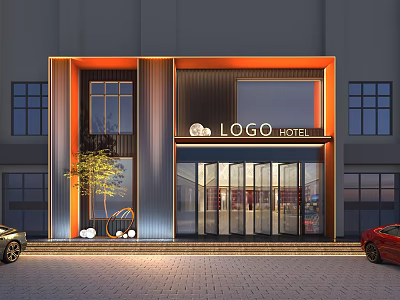 Hotel Entrance Facade Design With Glass Doors LOGO Sign Lighting Tree And Brick Pavement 3d model