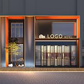 Hotel Entrance Facade Design With Glass Doors LOGO Sign Lighting Tree And Brick Pavement