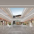 Spacious Shopping Mall Atrium Featuring Modern Design Escalators Storefronts Pedestrians and Bright Lighting