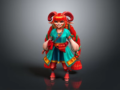 Cute Child With Red Ram Horns Long Red Hair Colorful Turquoise Top And Blue Skirt 3d model