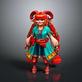 Cute Child With Red Ram Horns Long Red Hair Colorful Turquoise Top And Blue Skirt