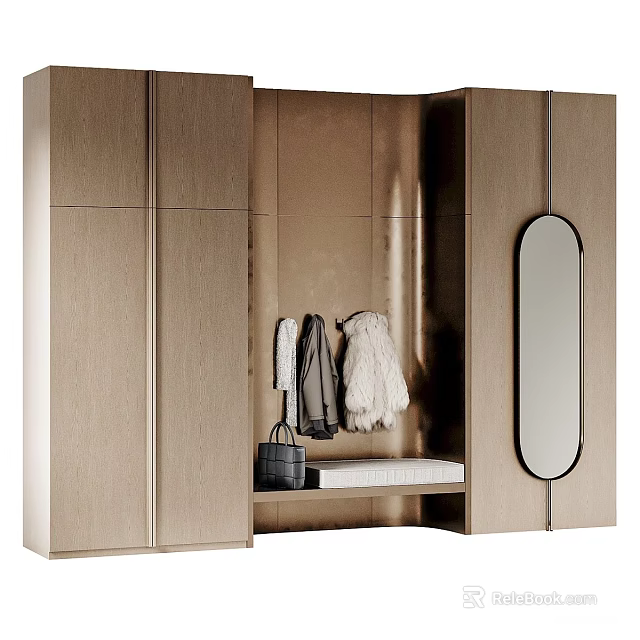Elegant Wooden Entryway Side Cabinet with Mirror Hanging Clothes and Bench 3d model 