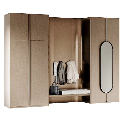 Elegant Wooden Entryway Side Cabinet with Mirror Hanging Clothes and Bench 3d model