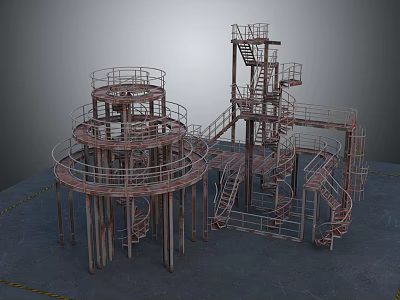 Rusted Metal Spiral Stairs With Multiple Platforms And Industrial Railings Structure 3d model
