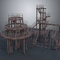 Rusted Metal Spiral Stairs With Multiple Platforms And Industrial Railings Structure