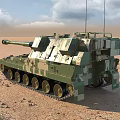 Camouflage Armored Tank With Long Barrel On Desert Terrain Under Blue Sky