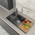 Kitchen Sink with Wooden Cutting Board Peppers Knife on Gray Countertop Faucet Tile Backsplash
