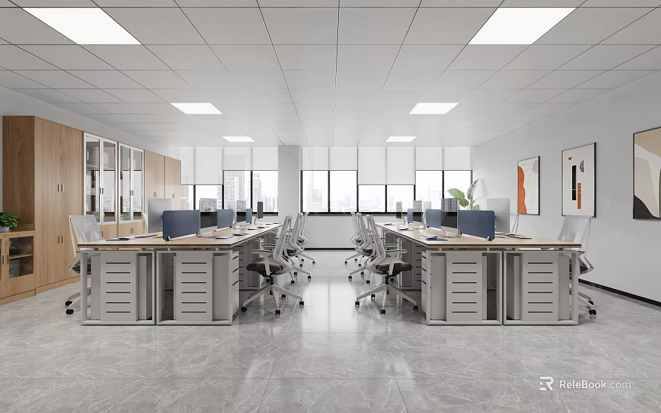 Public Office Interior With Modern Desks Computer Monitors Ergonomic Chairs Large Windows Natural Light And Ceiling Lights 3d model 
