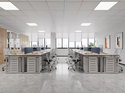 Public Office Interior With Modern Desks Computer Monitors Ergonomic Chairs Large Windows Natural Light And Ceiling Lights 3d model