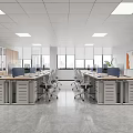 Public Office Interior With Modern Desks Computer Monitors Ergonomic Chairs Large Windows Natural Light And Ceiling Lights