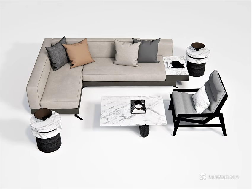 Modern L shaped Sofa Coffee Table Set With Marble Top And Decorative Pillows 3d model