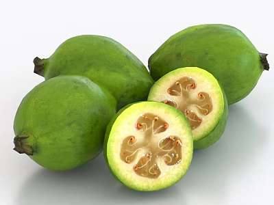 Fresh Green Guavas Whole And Halved Showing Tropical Fruit With Seeds Inside 3d model