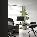 Modern Office Interior Design With Black Shelves Desk Chairs Computer Monitor Blinds And Green Plant