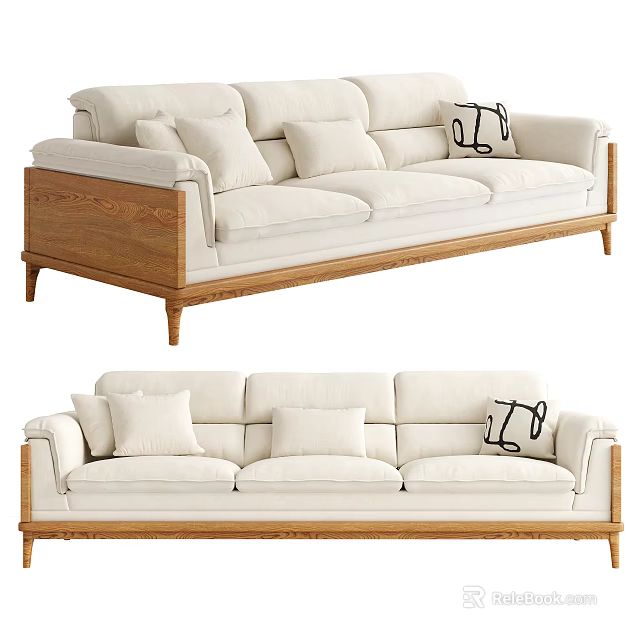 Modern Three Seater Sofa With Wooden Frame Light Upholstery Comfortable Cushions And Clean Lines 3d model 