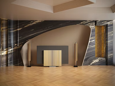 Modern Luxury Interior Space With Marble Wall Herringbone Wooden Floor And Decorative Elements 3d model