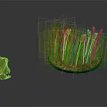 Green Frog Sitting Beside Circular Water Grass Model With Orange Flowers And Soil