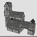 Traditional Timber Frame Building With Tower Multiple Roofs And Arched Entrance