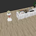 Long White Display Counter Decorated With Various Desserts Wine Glasses And Flower Bouquets