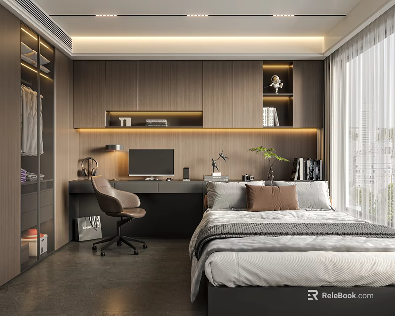 Modern Tatami Bedroom Interior With Writing Desk Office Chair And Bookshelf 3d model 