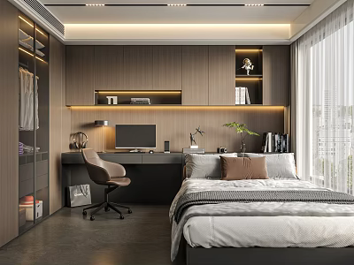 Modern Tatami Bedroom Interior With Writing Desk Office Chair And Bookshelf 3d model