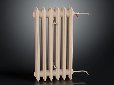 Classic Cast Iron Radiator With Vertical Columns Beige Color And Red Valve 3d model