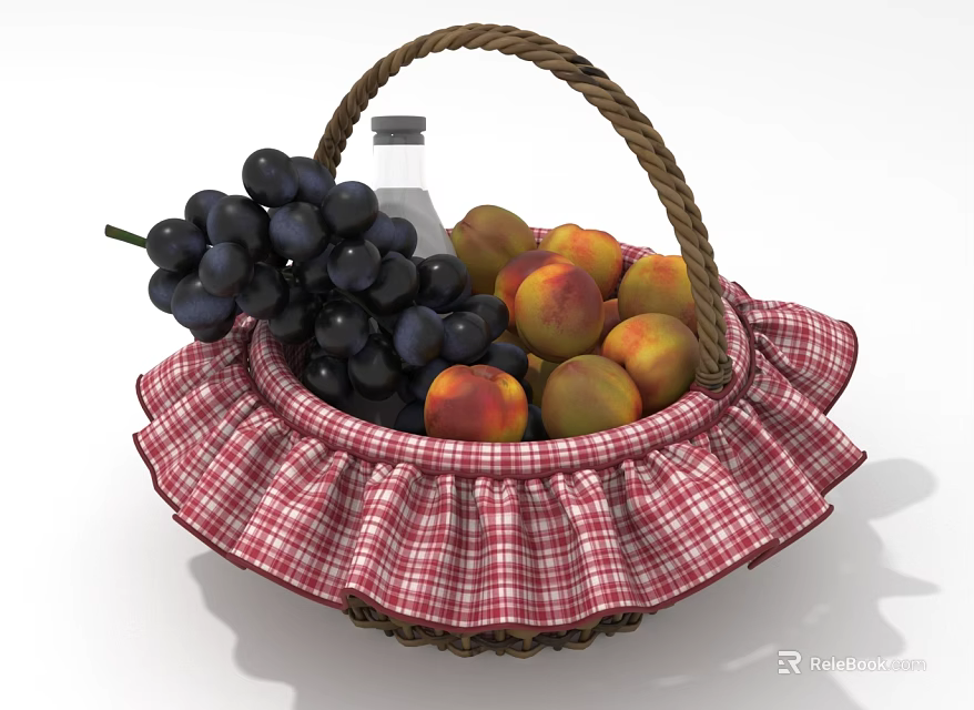 Wicker Basket With Red And White Checkered Ruffled Edge Holding Grapes Peaches And Small Bottle 3d model 