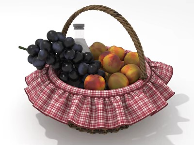 Wicker Basket With Red And White Checkered Ruffled Edge Holding Grapes Peaches And Small Bottle 3d model